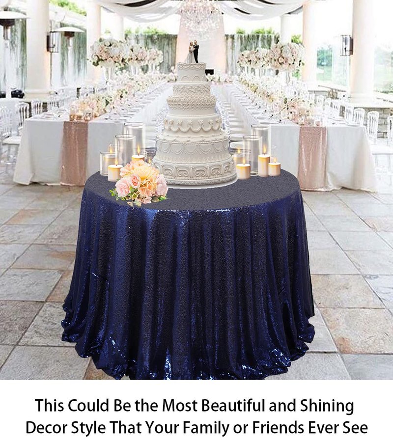 ShiDianYi 120-Inch Round Sequin Tablecloth, Navy Blue Sparkle Table Cover for Banquets, Weddings, Parties & Baby Showers - Elegant Glittering Round Table Overlay