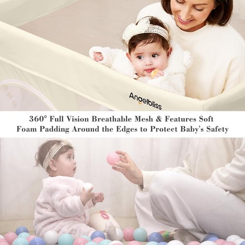 Foldable Baby Playpen by Regine Switzerland - Portable 50"×50" Play Yard with Breathable Mesh & ASTM F406 Certified (Beige)