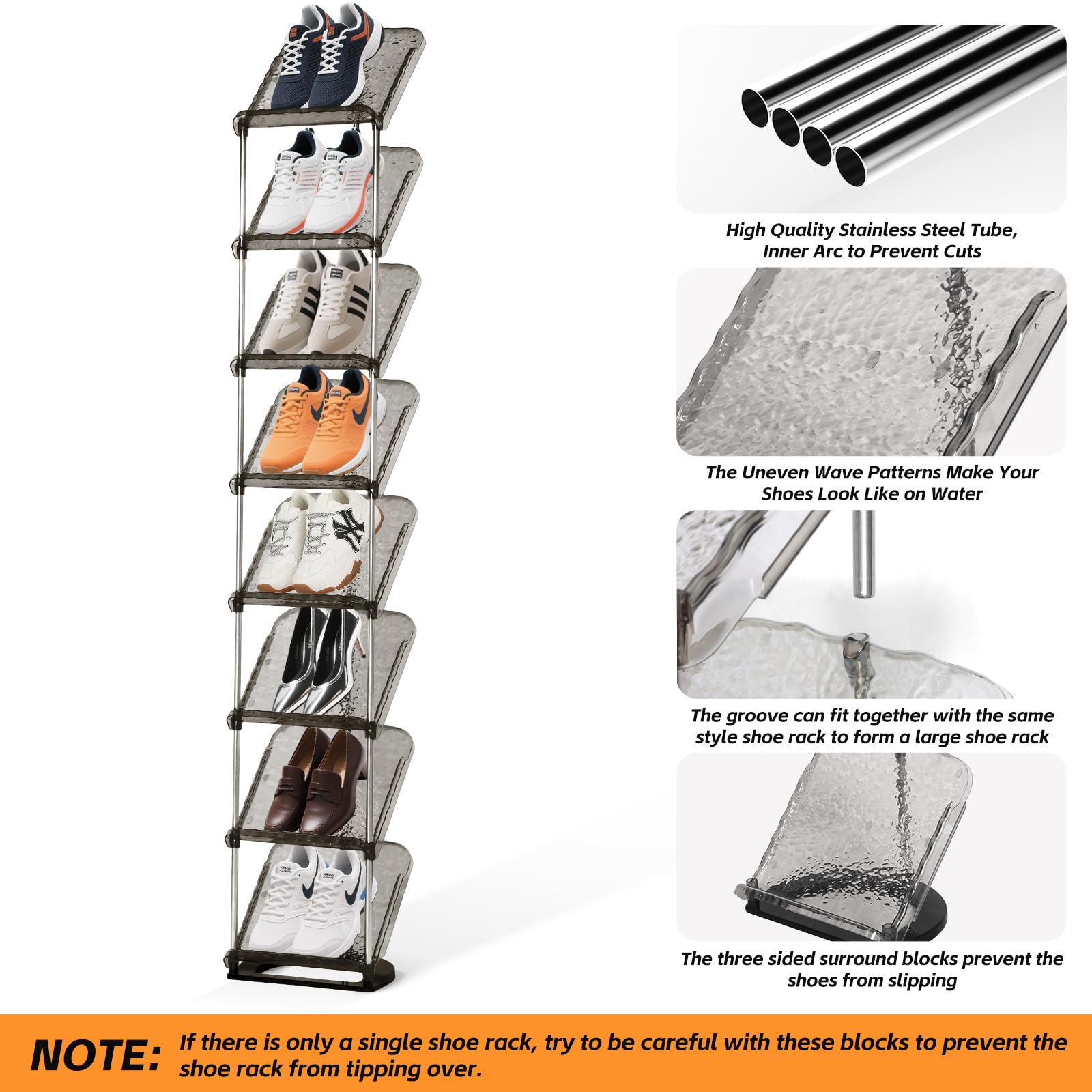 SMILHELTD Vertical Shoe Rack 8 Tiers Narrow Clear Sneaker Storage Holder Luxurious Slim Tall Organizer Space Saving Shelf for Entryway Garage 10.4" W x 64.5" H x 9.8" D (Transparent Black)