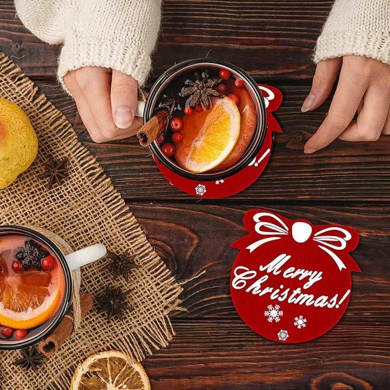 Christmas Snowflake Felt Coasters 10-Pack Ball Shape Red & Gray Tea Cup Mats