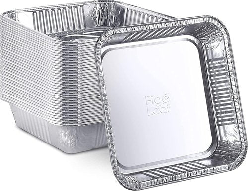 Fig & Leaf 7” x 7” Square Baking Cake Pans - 20 Pack Disposable Aluminum Foil Tins for Easy Roasting & Cooking