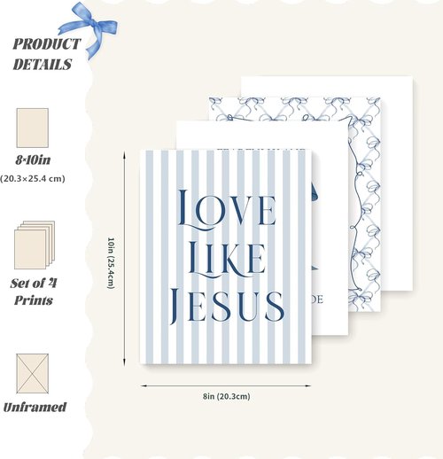 LARTSFRO Coquette Wall Art - Navy Blue Bow Decor with Inspirational Bible Verses | Set of 4 Unframed 10x8 Inch Pictures for Teen Girls' Rooms