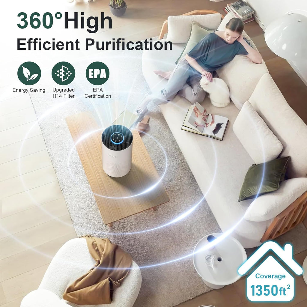Vniup H14 True HEPA Air Purifier - Effective Odor & Dust Removal for Bedrooms Up to 1350 ft² | Fragrance & Sleep Modes