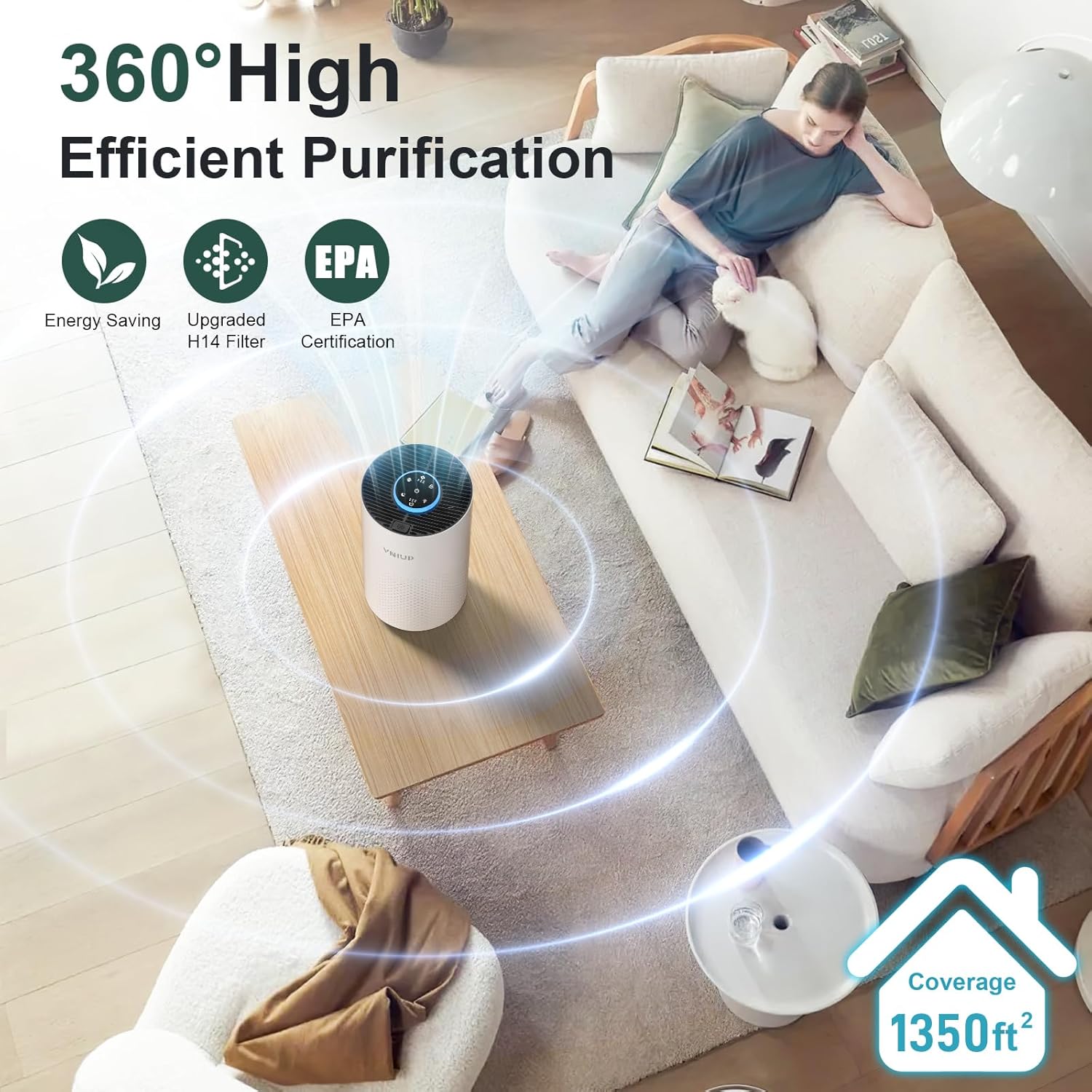 Vniup H14 True HEPA Air Purifier - Effective Odor & Dust Removal for Bedrooms Up to 1350 ft² | Fragrance & Sleep Modes