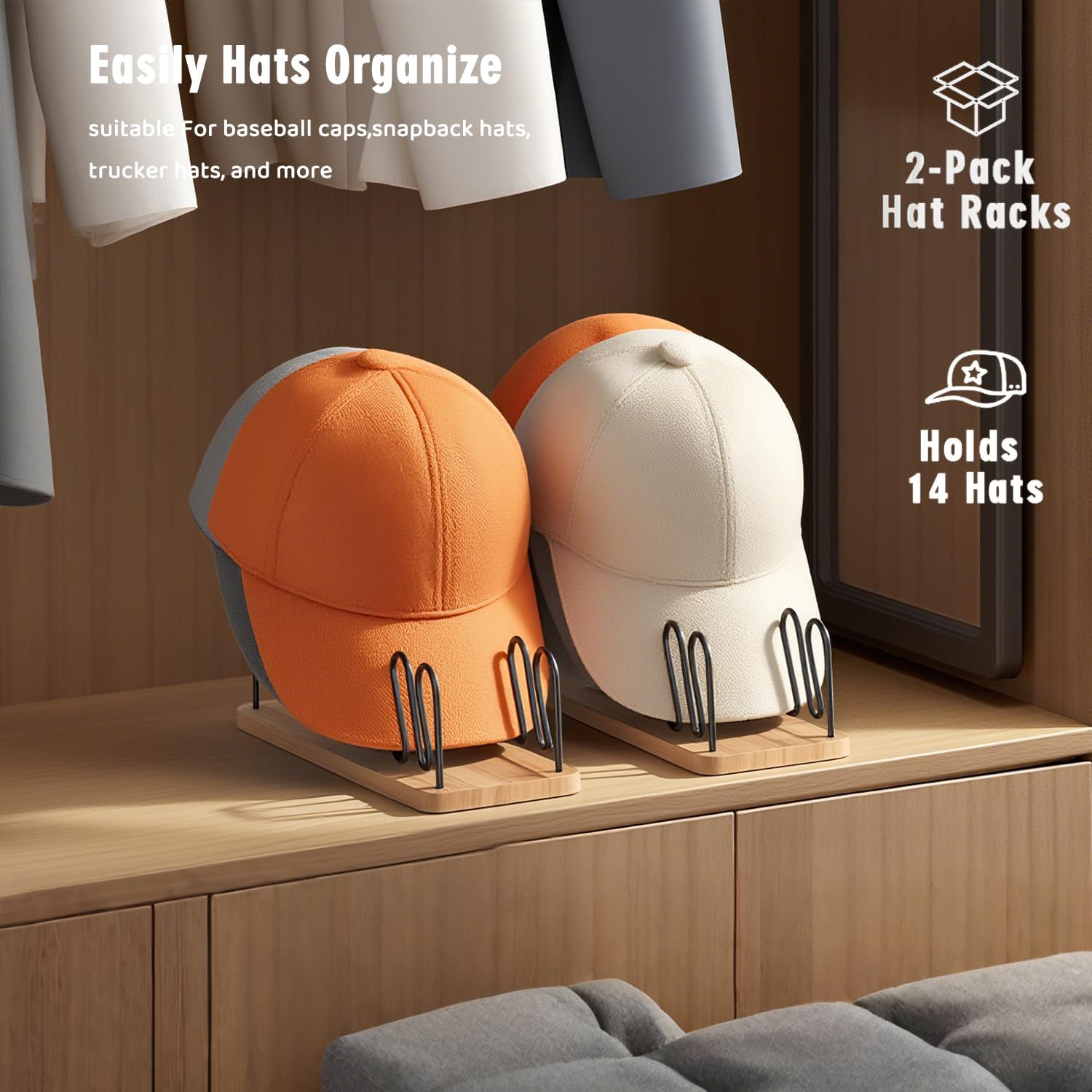 UdoUto Hat Organizer for Baseball Caps - 2 Pack | Space-Saving Wood & Metal Rack Holds 14 Caps