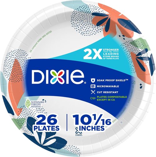 Dixie Large Paper Plates - 10 Inch, 26 Count | Microwave-Safe, Soak-Proof & Cut Resistant