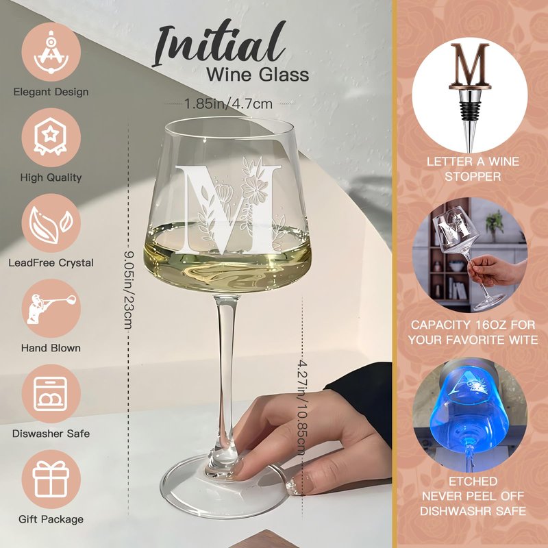 Physkoa Personalized Wine Glass – Custom Initial Monogram Gift for Women, Perfect Birthday & Mother’s Day Gift for Mom, Wife, Sister, Best Friend, Etched Dishwasher Safe (Letter M)