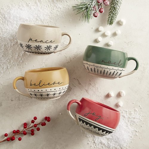 Faithworks Scandi Christmas Mugs - Handcrafted Jumbo Stoneware Holiday Mug for Coffee or Soup, 16-Ounce, Believe