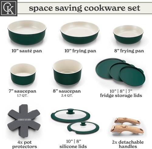 Country Kitchen Cookware Set - Removable Handle, Oven & RV Safe Pots and Pans, Sage Wood Handle