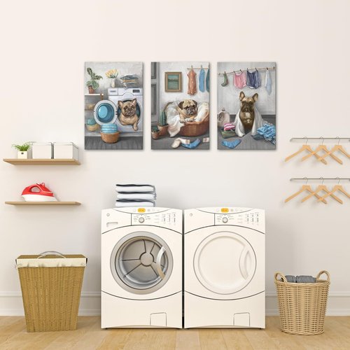 Conipit Laundry Room Canvas Wall Art Funny Dog Painting Prints Artwork Decor for Laundromat Dry Cleaning Store Framed (Medium, grey)