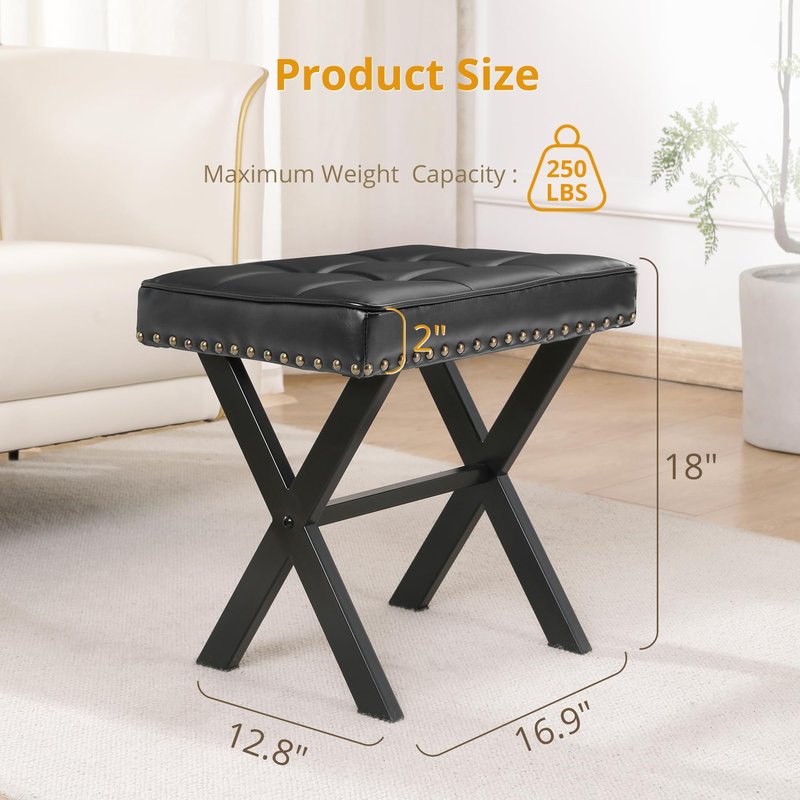 LUE BONA Vanity Stool - Square Faux Leather Makeup Seat With Metal X Legs, Small Ottoman Chair for Makeup Room, Living Room - Modern Padded Foot Rest, Black