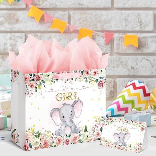 Laidans 13" Large Pink Floral Elephant Baby Shower Gift Bag - Includes Tissue Paper & Card