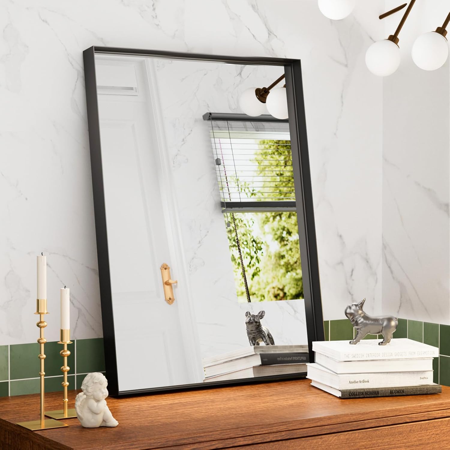 Regine Switzerland Black Vanity Wall Mirror - 22x30 Inch Rectangular Aluminum Framed Bathroom Mirror | Anti-Rust Tempered Glass, Versatile Horizontal/Vertical Design