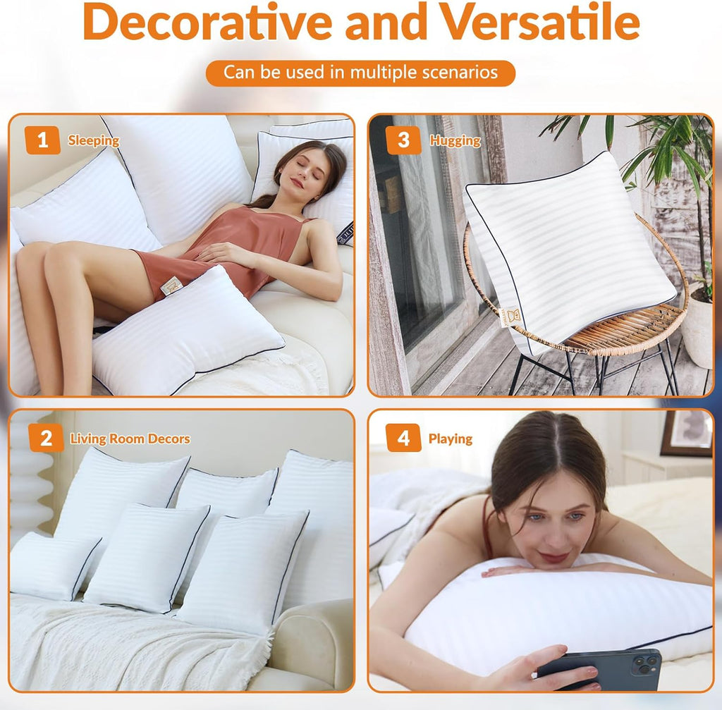 Yettbea Pillow Inserts - Premium Soft Down Alternative Fill | Set of 2, 18x18 Inches, Decorative White Striped Pillows for Couch & Bed
