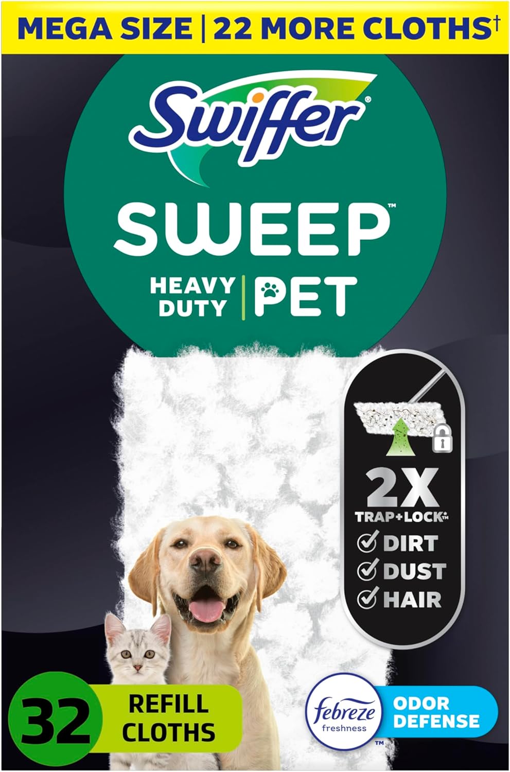 Sweep + Mop Dry Pads Refill - Heavy Duty Multi-Surface Floor Cleaner Wipes | 32 Count for Home & Pet