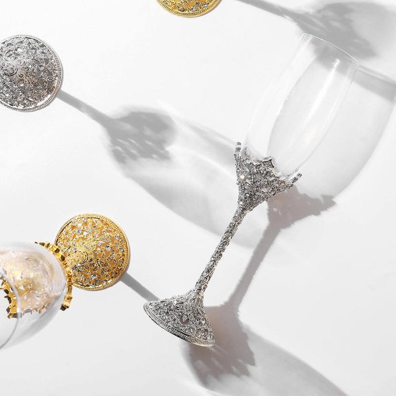 Popgege Wedding Champagne Flutes Set of 2 - Metal Base With Crystal Stones, Glasses for Bride and Groom, Engagement Gifts, Party, Anniversary, Christmas - 7oz