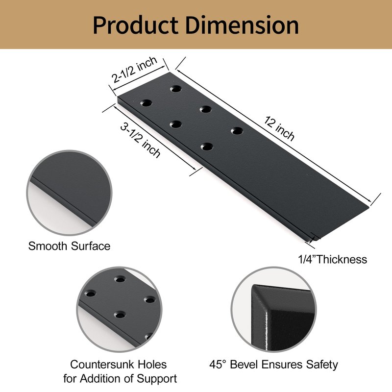 ZGO Countertop Brackets, 3 Pack 12 Inch Countertop Support Brackets, Invisible Shelf Corbels for Countertops, 7mm Thick Shelf Support Bracket for Granite, Wood and Concret Countertops(Black)