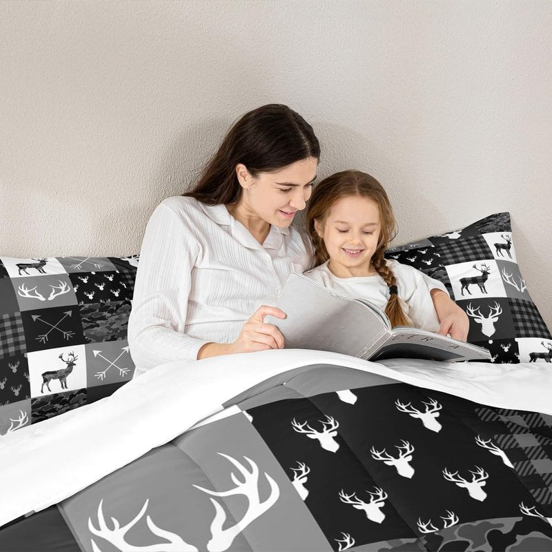 Deer Silhouette Comforter Set Queen Size,Camo Western Rustic Farmhouse Xmas Bedding Set 3pcs for Kids Teens Home Room Decor,Antlers Arrow Geometric Quilt Set,Black Grey Duvet Insert,2 Pillowcases