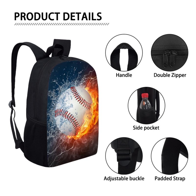 Suobstales Baseball Flame School Backpack for Kids Boys Gifts School Bag Set with Lunch Box Pencil Case,Cool Bookbag Teen Student Back Packs Satchel Travel Daypack Bagpack