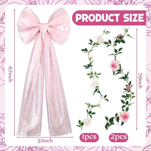BreezeHug Giant Wedding Bow Decor - Elegant Long Ribbon Design for Bridal Shower & Party | Pink (32 x 20 x 67 inches)