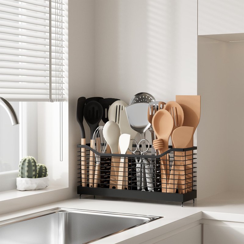 Uninol Utensil Holder for Countertop - Black, 15.8" x 4.3" x 7.5", Spoon & Kitchen Utensil Rack Organizer