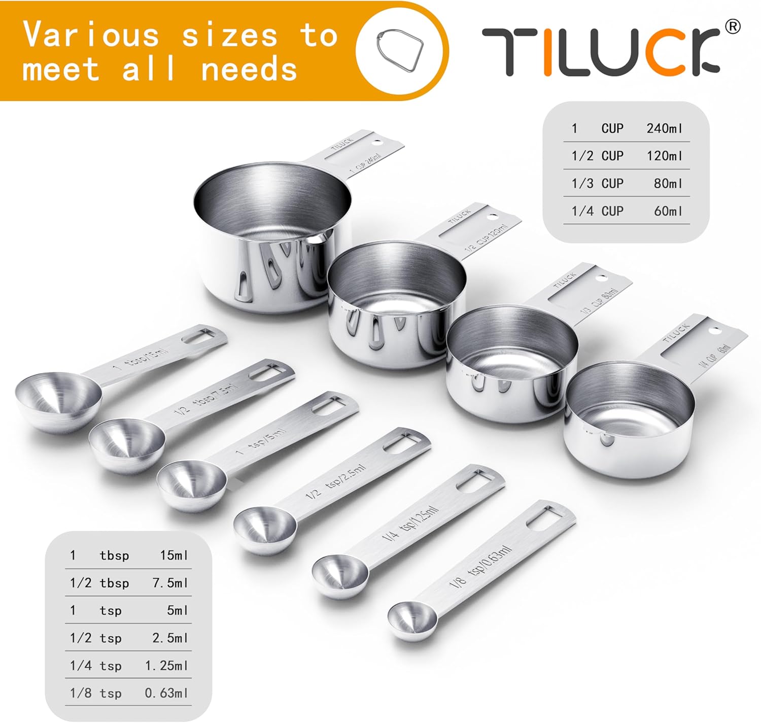 TILUCK Stainless Steel Measuring Cups & Spoons Set - Essential Kitchen Gadgets for Cooking & Baking (10-Piece)