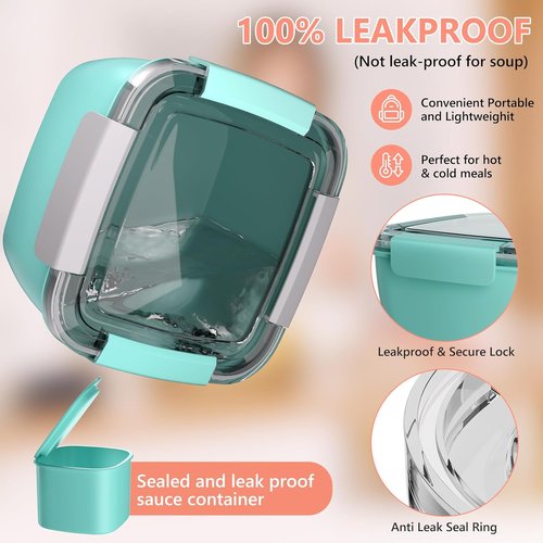 Cherrysea Salad Lunch Box - 2-Pack Bowls with 3 Compartments, Leak-Proof Design - Green & Pink