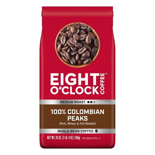 Eight O'Clock Coffee 100% Colombian Peaks Whole Bean Coffee, Medium Roast, 20 Ounce (Pack of 1) - Rich, Winey & Full Bodied
