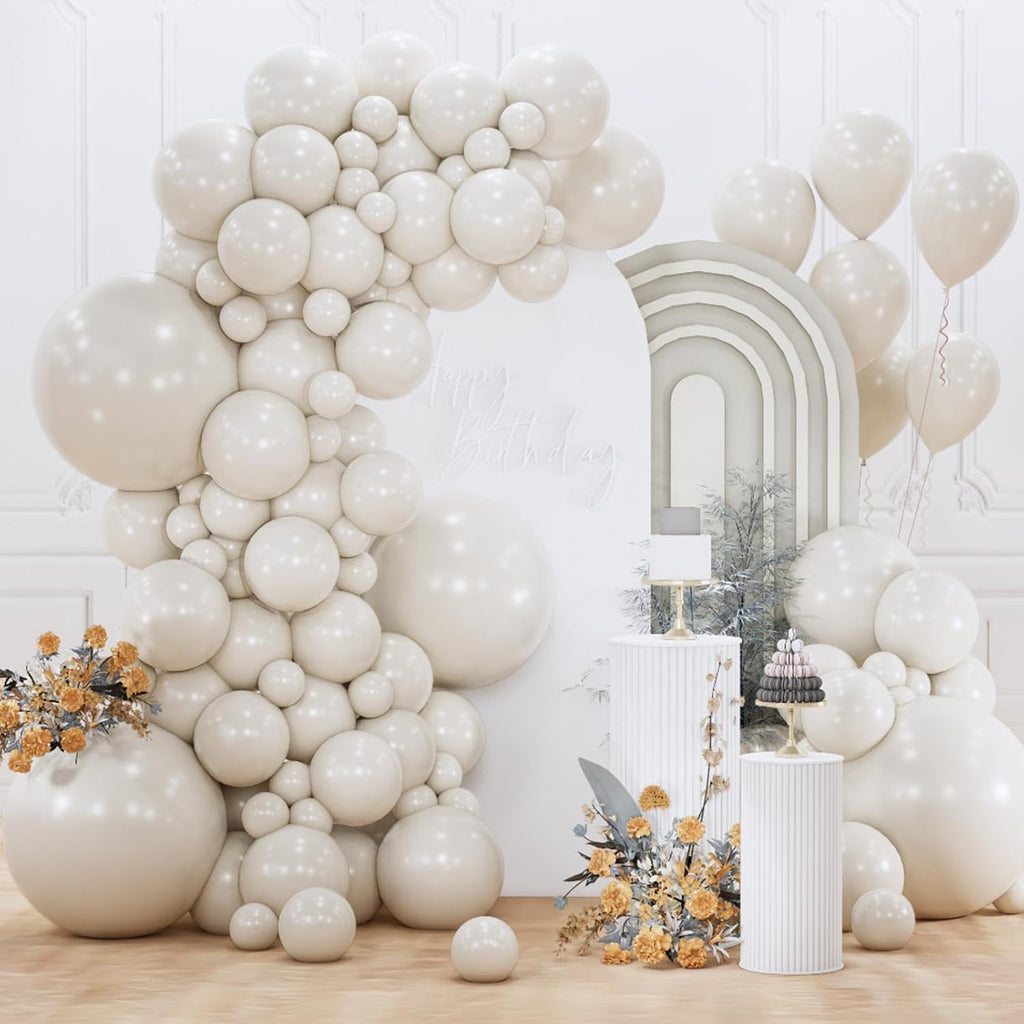 PartyWoo White Sand Balloon Arch Kit - 155pcs in 5-18 Inch Sizes | Elegant Off-White & Beige Decor for Weddings & Baby Showers