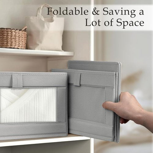Criusia Linen Closet Organizers - 4 Pack Foldable Storage Baskets for Towels, Clothing & Books | Grey