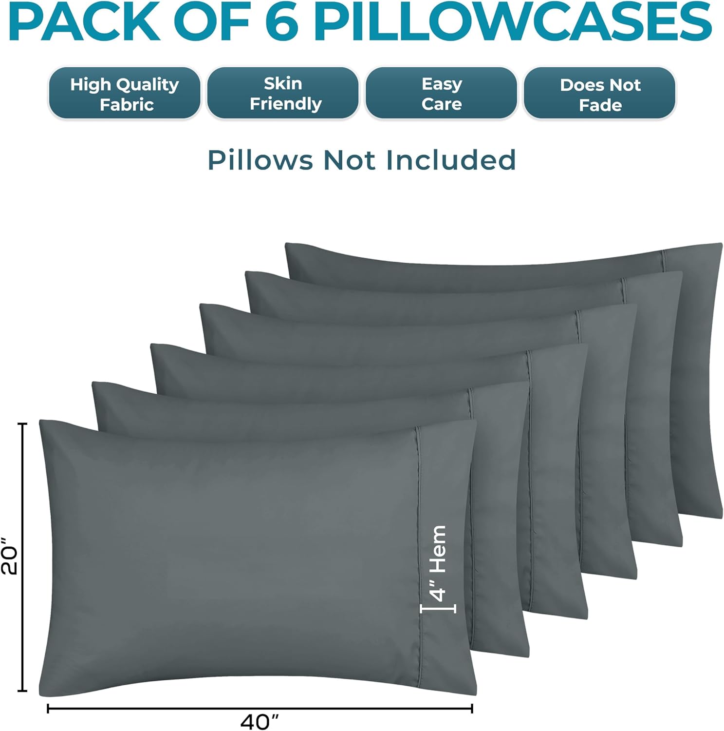 Utopia Bedding King Pillow Cases - Soft Brushed Microfiber - 6 Pack, Fade Resistant | 20 x 40 Inches, Grey