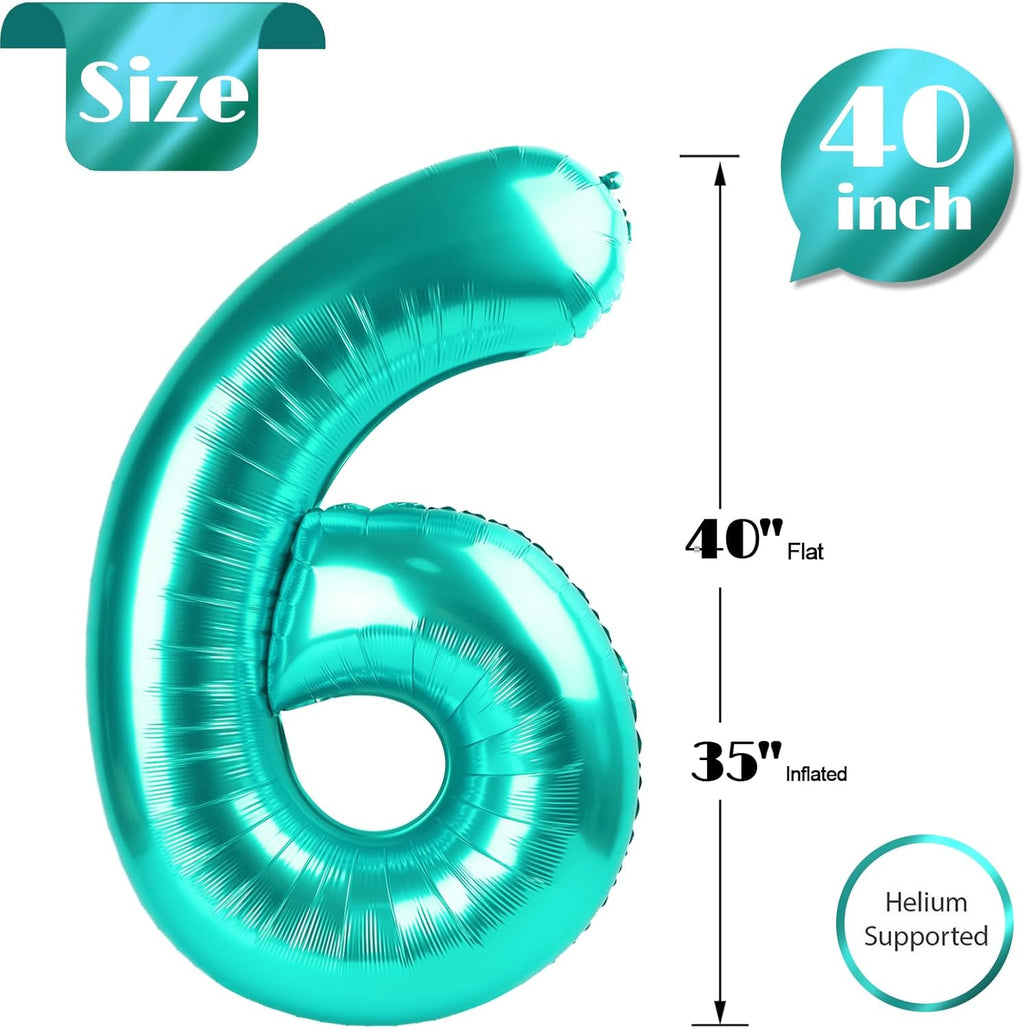 Teal Blue Number 6 Balloon - 40 Inch Birthday Decoration for 6th Birthday Party Supplies