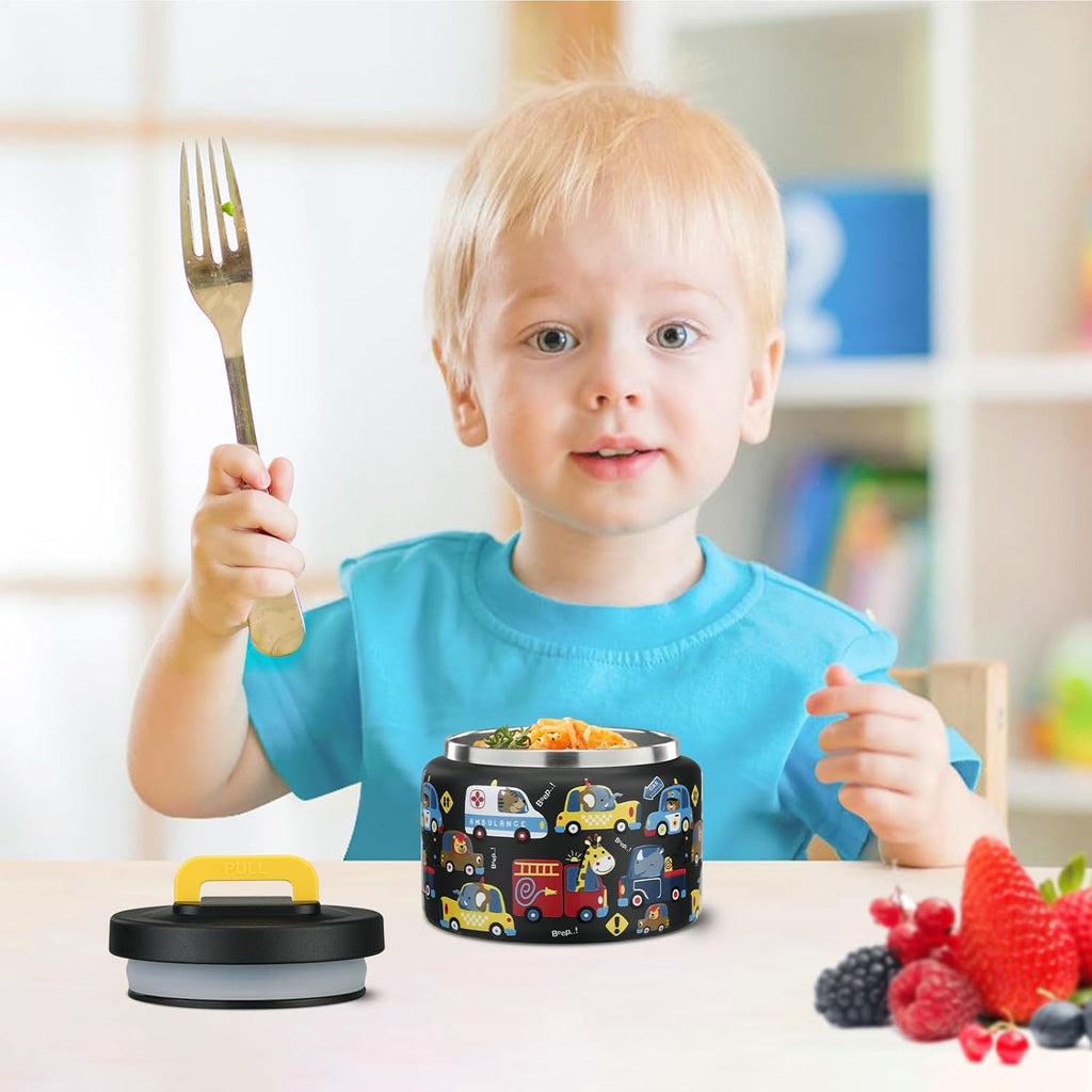 PIQUEBAR 8oz Kids Thermos - Stainless Steel Lunch Container with Easy Open Wide Mouth | Black Animal Truck