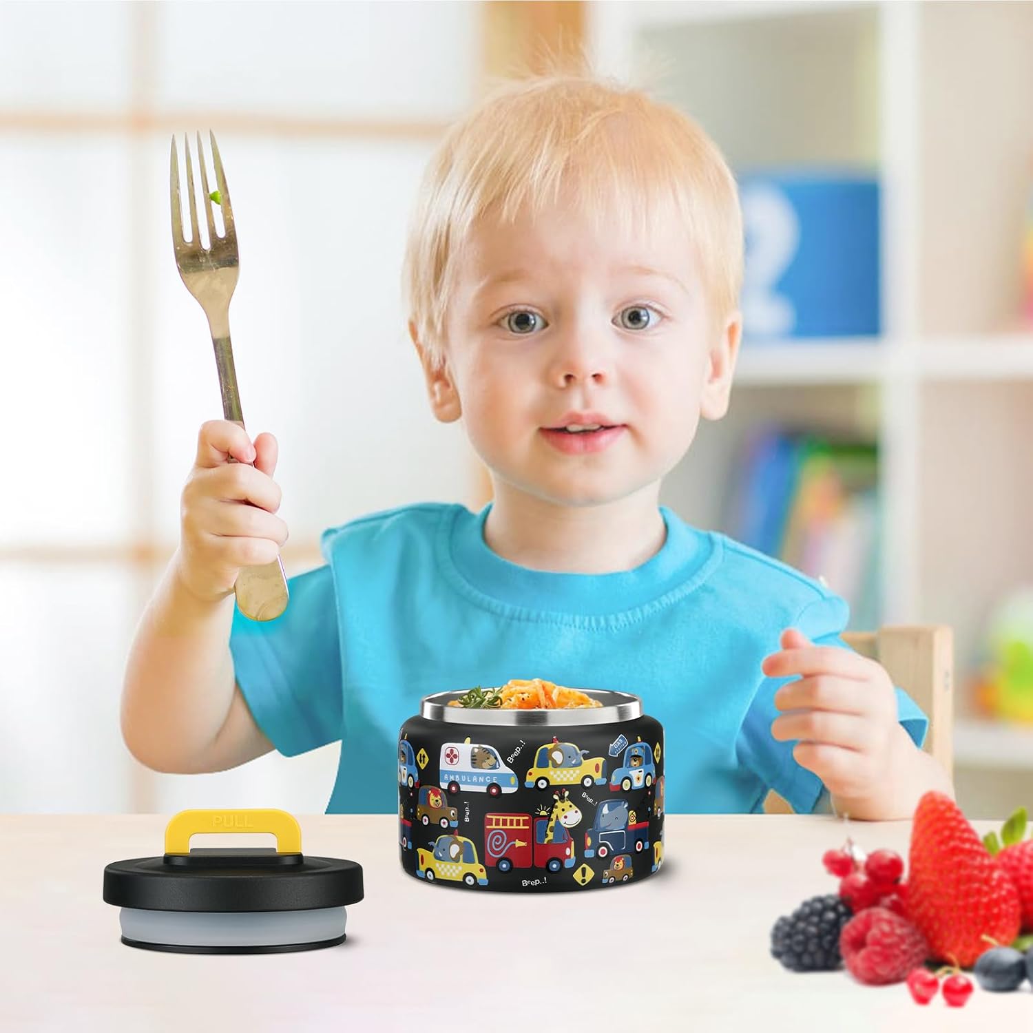 PIQUEBAR 8oz Kids Thermos - Stainless Steel Lunch Container with Easy Open Wide Mouth | Black Animal Truck