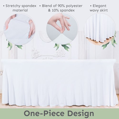 Destination 6ft Rectangular Table Skirt - Wedding Spandex Table Covers - One Piece Fitted Stretchy Tablecloth - Wrinkle Resistant Ruffles - Great for Party, Banquet (White, 72" x 30")