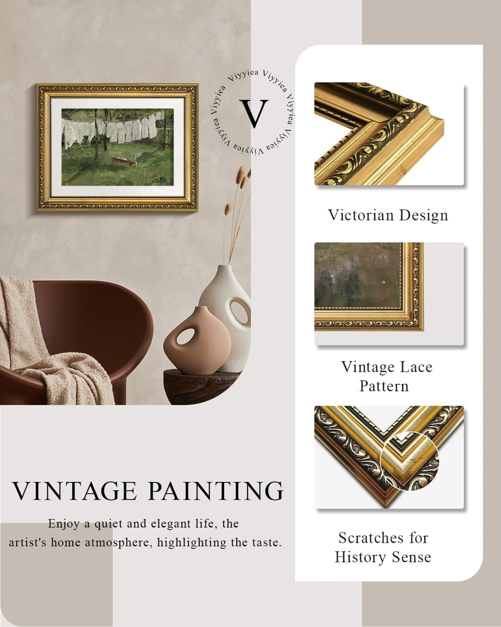 VIYYIEA Gold Framed Canvas Print - Vintage Laundry Room Art | Antique Green Landscape 11x14in