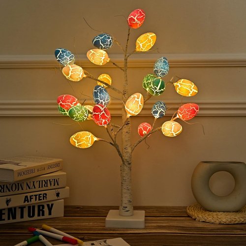 Kemooie 24-Inch Pre-Lit White Birch Tree | 24 Easter Egg Ornaments & LED Lights | Perfect Spring Table Centerpiece