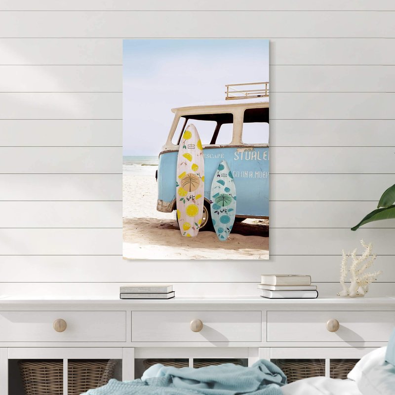 Coastal Beach Canvas Wall Art: Tropical Hawaii Ocean Painting Surfboard Prints Surfer Picture Vintage Seaside Van Artwork for Bathroom Bedroom Living Room