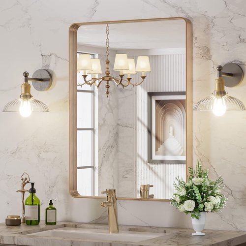 LOAAO Gold Bathroom Mirror - 22”x30” Rounded Rectangle Wall-Mounted Vanity Mirror | Anti-Rust Brushed Gold Finish