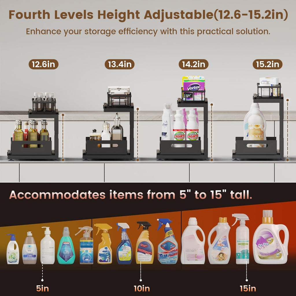 necvha Under Sink Organizer, 2 Tier Pull Out Cabinet Storage, Slide Out Storage Shelves, Height Adjustable Kitchen Cabinet Organizers for Under Sink Storage -2 Pack, Black