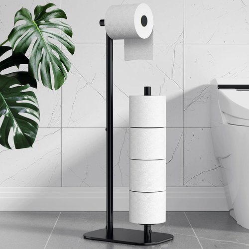 Kitsure Toilet Paper Holder - Large Capacity Free Standing Holder for 4 Rolls | Rustproof & Non-Slip Base, Black