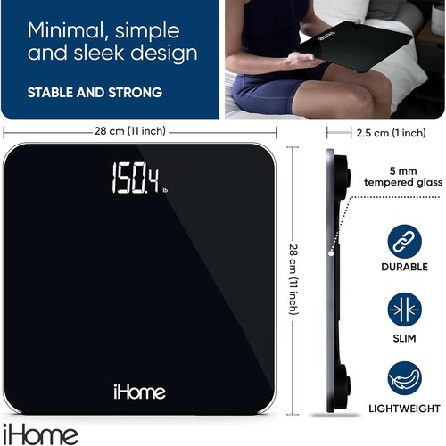 iHome Digital Scale - Accurate Bathroom Weight Scale with Batteries Included | Sleek Black Design