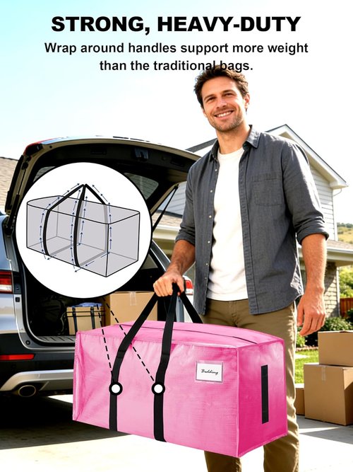 Large Moving Bags by [Brand Name] - Heavy Duty Water-Resistant Storage Totes with Zippers & Handles | 12 Pack (Pink)
