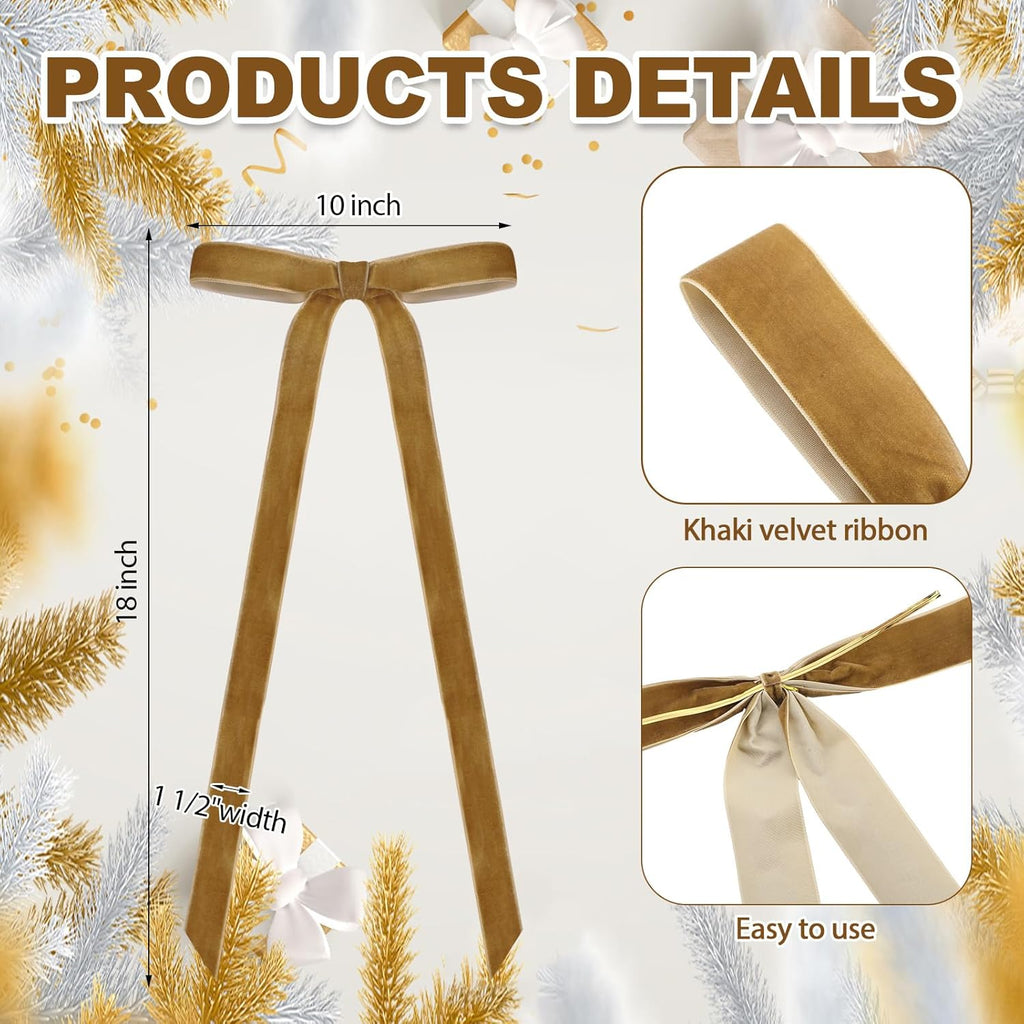 Skiennix 24 Pcs Velvet Bows - Vintage Ribbon for Christmas Tree & Crafts | 10 x 18 Inch, Khaki