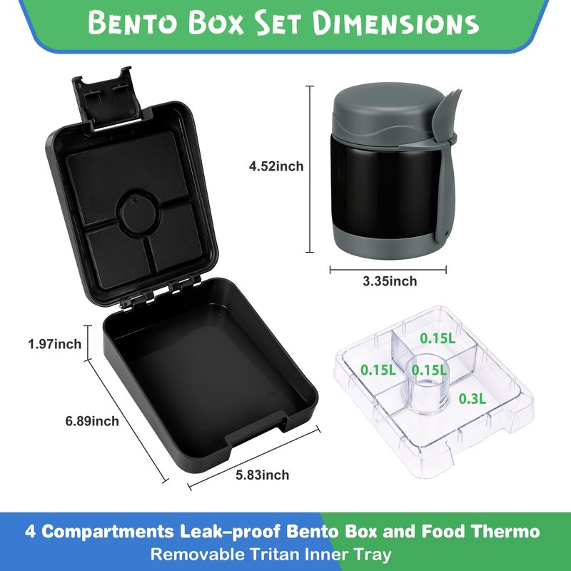 Pawtong Bento Lunch Box Set With 10oz Soup Thermo, Leak-proof Lunch Containers with 4 Compartment, Kids Hot Thermo Food Jar/Insulation Lunch Bag, Food Containers for School（Shark）
