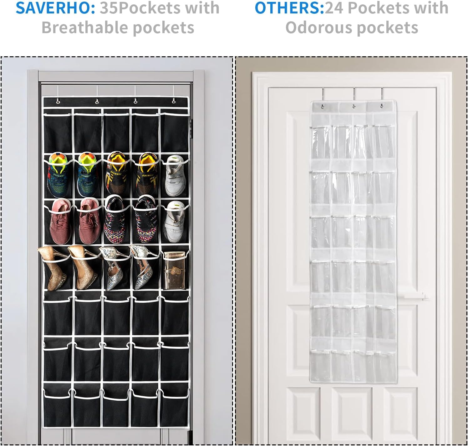 SAVERHO Over The Door Shoe Organizer - 35 Pocket Hanging Storage Bag with 4 Metal Hooks | Black