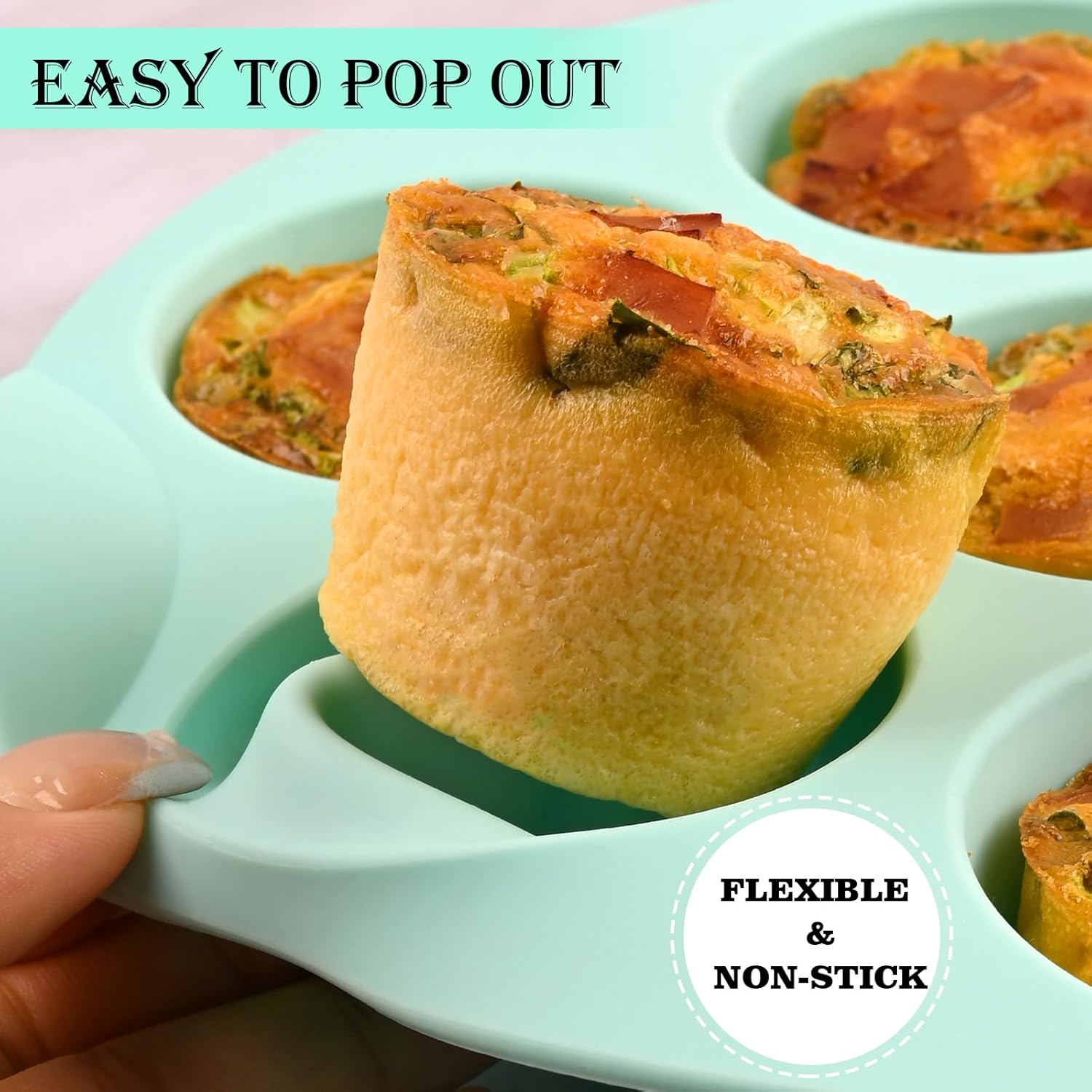 Sakolla Silicone Egg Bite Molds - Nonstick 7-Cup Air Fryer Muffin Pan for Baking Mini Muffins & Quiches | Pink & Green