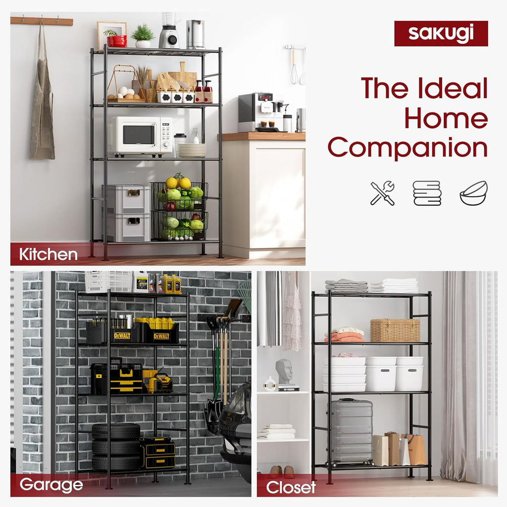Sakugi Storage Shelves - Heavy Duty 4-Tier Shelf Organizer for Kitchen & Garage | 33" W x 12.6" D x 57.2" H, Black