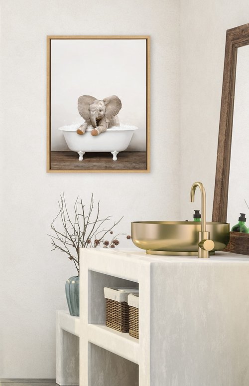 Kate and Laurel Sylvie Baby Elephant No 6 in Rustic Bath Framed Canvas Wall Art by Amy Peterson Art Studio; 18x24 Natural; Modern Fun Decorative Bathtub Wall Art for Home Décor
