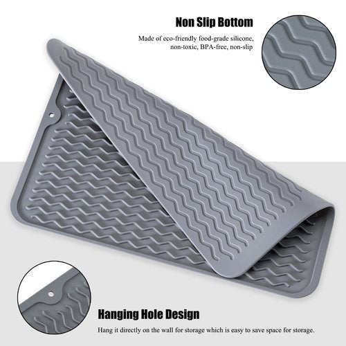 Silicone Dish Drying Mat, Non-Slip Easy Clean Sink Mat Large Heat-resistant Dish Drainer Mat for Kitchen Counter, Sink, Refrigerator or Drawer liner (18" x 16", GREY)